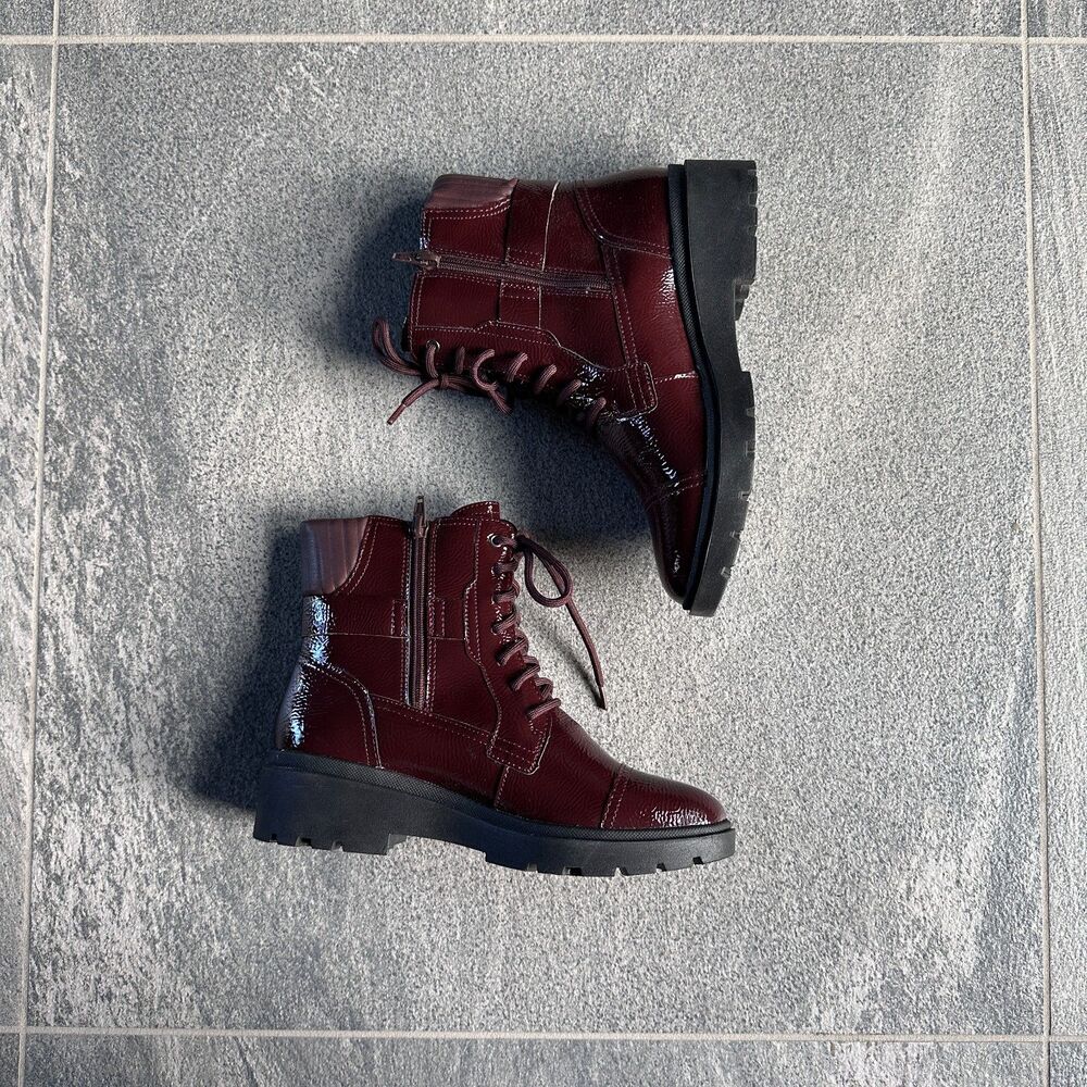 NIB Clarks Calla Dance Lace-Up Buckled Boots Side Zip Burgundy Patent Women's 7W - Picture 7 of 12